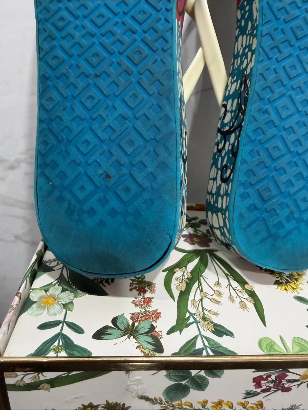 Tory Burch Teal Floral Flip Flops with Cream Straps